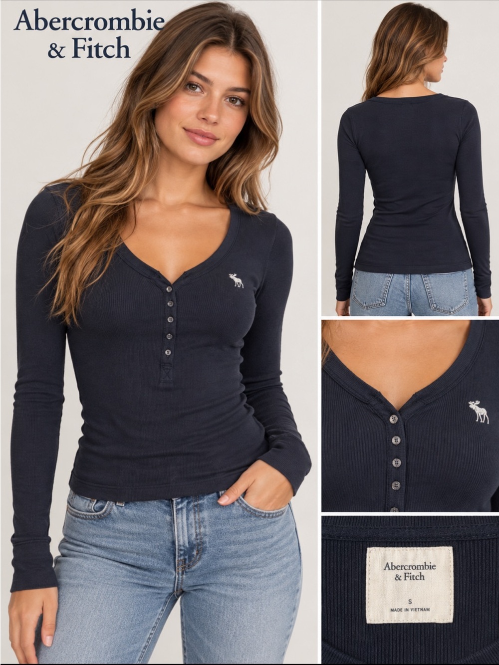 Abercrombie & Fitch Navy Long-Sleeve Henley Top size M y2k